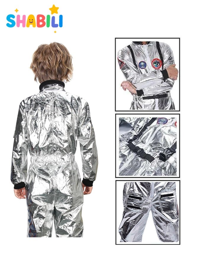 SHABILI Kids Astronaut Space Suit Costume Silver Jumpsuit with Safety Belt, Soft Polyester Spandex Fabric, Realistic Space Role Play Outfit for Boys and Girls, Perfect for School Shows, Career Day, Halloween and Birthday Parties (S/M/L/XL) - Image 3
