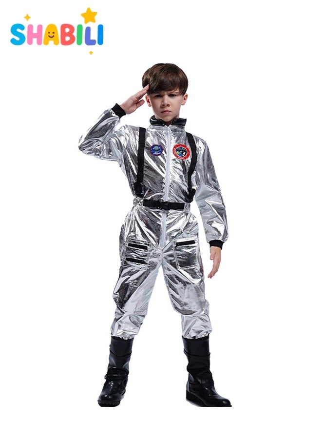 SHABILI Kids Astronaut Space Suit Costume Silver Jumpsuit with Safety Belt, Soft Polyester Spandex Fabric, Realistic Space Role Play Outfit for Boys and Girls, Perfect for School Shows, Career Day, Halloween and Birthday Parties (S/M/L/XL) - Image 1