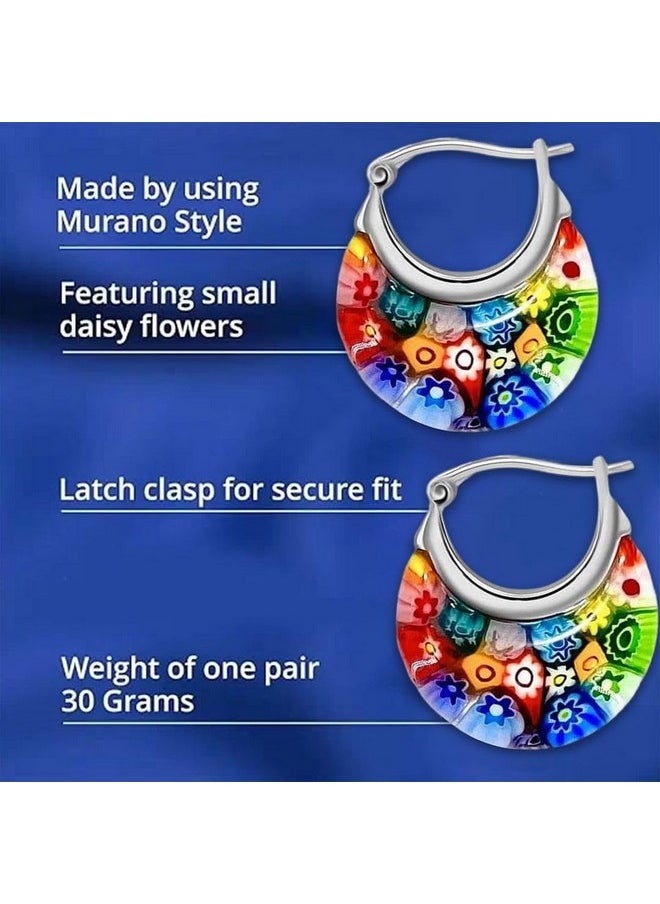 Shop LC Delivering Joy - Murano Style Glass Hoop Earrings for Women Trendy Daisy Flower Stainless Steel Dangle Fun Vibrant Colors Teacher Glass Jewelry Unique Christmas Gifts for Women Birthday Anniversary 11.6 Gms - Image 1