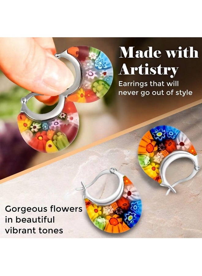 Shop LC Delivering Joy - Murano Style Glass Hoop Earrings for Women Trendy Daisy Flower Stainless Steel Dangle Fun Vibrant Colors Teacher Glass Jewelry Unique Christmas Gifts for Women Birthday Anniversary 11.6 Gms - Image 1