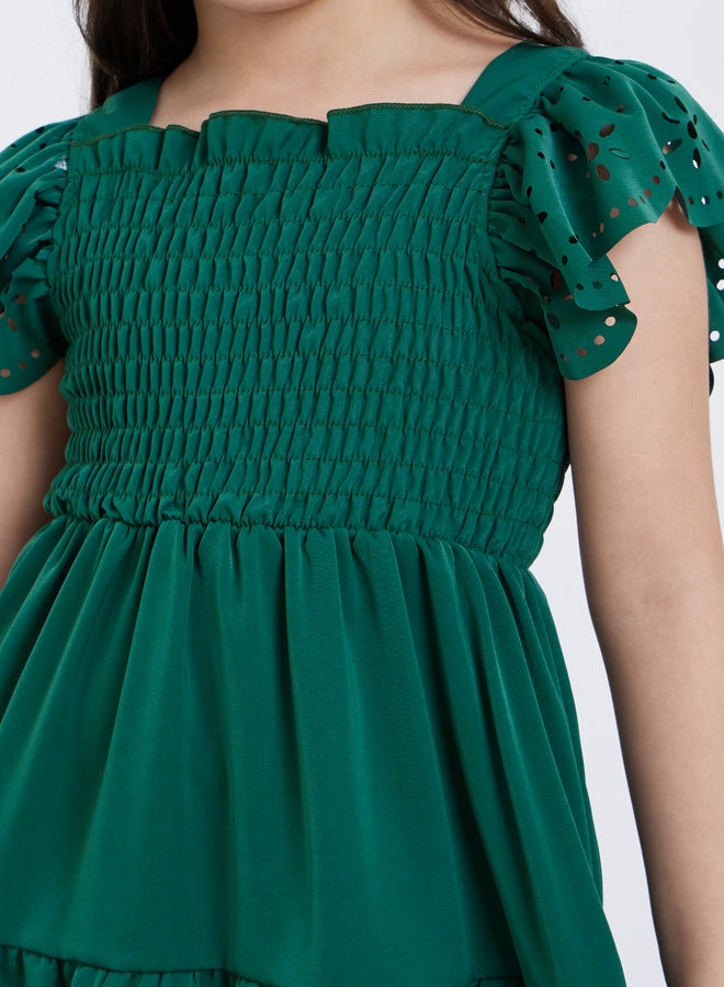 Styli Laser Cut Out and Smocked Detail Tiered Dress - Image 3