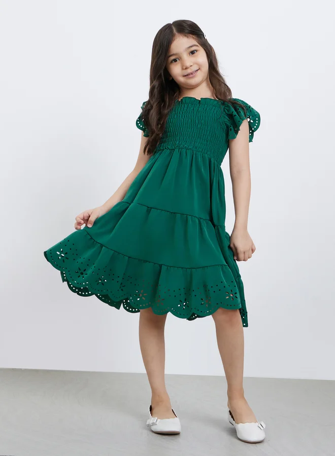 Styli Styli Laser Cut Out and Smocked Detail Tiered Dress