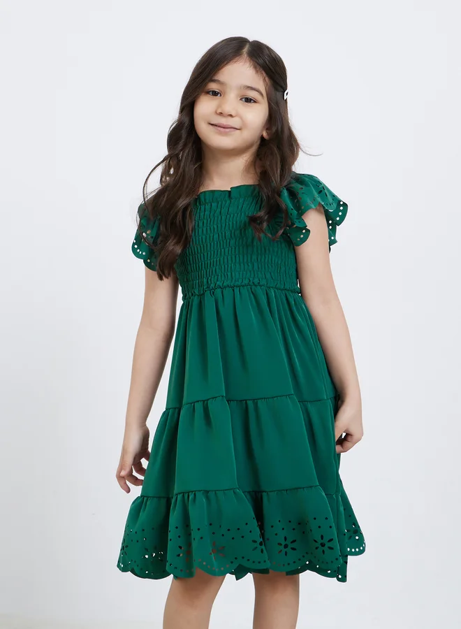 Styli Styli Laser Cut Out and Smocked Detail Tiered Dress