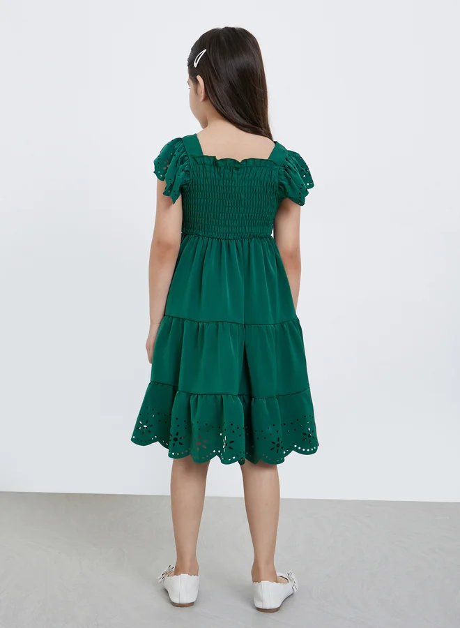 Styli Styli Laser Cut Out and Smocked Detail Tiered Dress