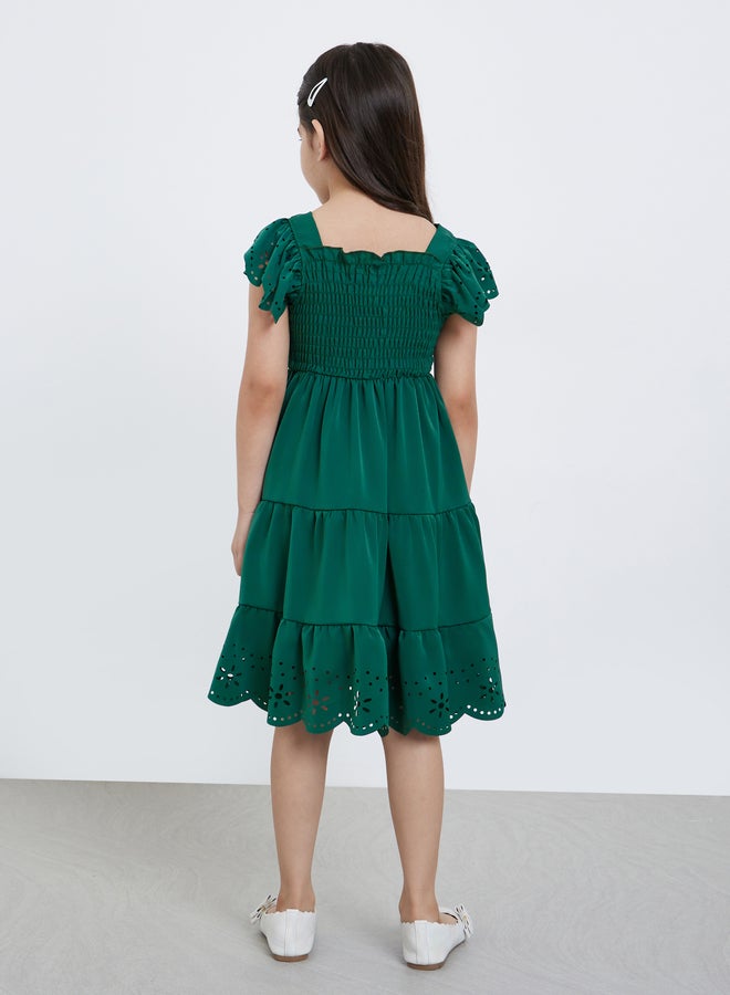 Styli Laser Cut Out and Smocked Detail Tiered Dress - Image 4