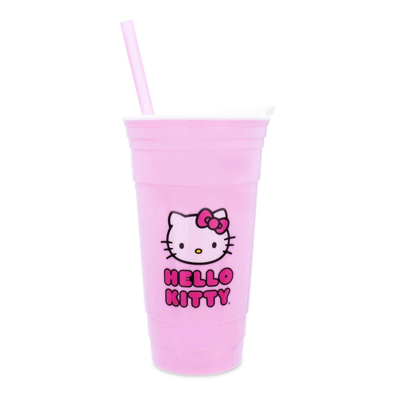 Silver Buffalo Sanrio Hello Kitty Pink Plastic Travel Tumbler With Lid and Straw  32Ounce Tall Carnival Cold Cup For Drinks Beverages