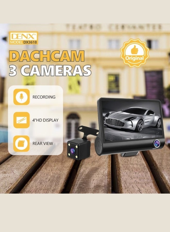 Denx DX3618 Car Dashcam with 3 Cameras – 4” HD Display, Front + Rear + Inside View, Supports 128GB, Loop Recording, Motion Detection, Night Vision & G-Sensor for Ultimate Driving Safety - Image 3