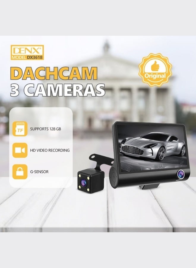 Denx DX3618 Car Dashcam with 3 Cameras – 4” HD Display, Front + Rear + Inside View, Supports 128GB, Loop Recording, Motion Detection, Night Vision & G-Sensor for Ultimate Driving Safety - Image 1