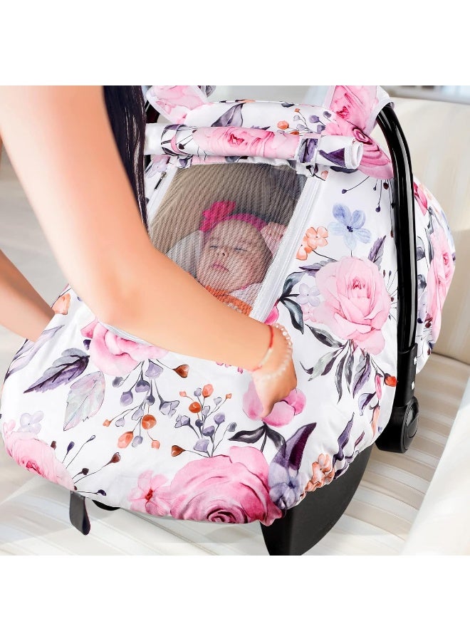 Pea Pod Floral Baby Carseat Cover Girls, Infant Car Seat Covers Canopy for Newborn with 2 Layers Windows of Breathable Mesh/Fabric, Lightweight Polyester/Minky Dot Backing, Snug Fit Most Baby Car Seat  - Image 5