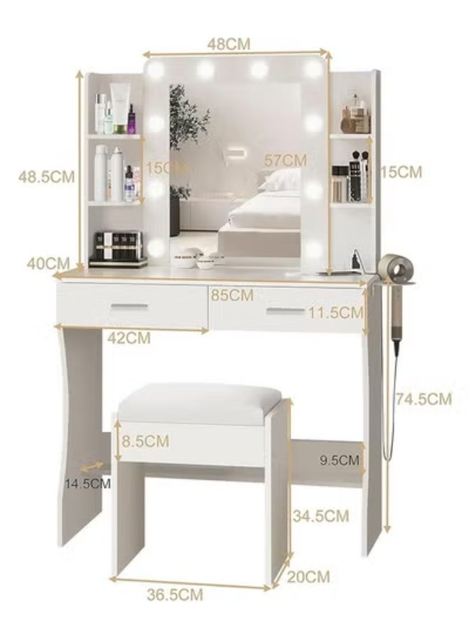 ZCM-HAPPY Multifunctional Makeup Vanity Dressing Table with LED Mirror and Chair 85 CM - Image 4