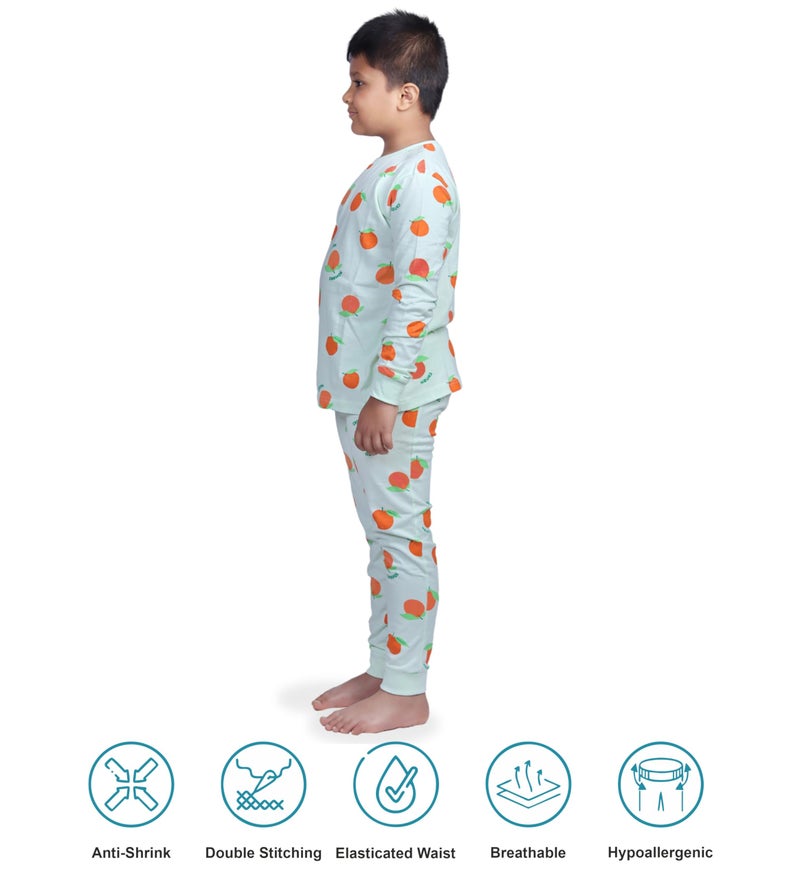 Hestia|H.Nsg.7|Kids Night Suit|Sleepwear|Night Dress Cotton|Trouser Full Sleeve Pajama Set Tshirt|Elastic Waist|Bottom Pyjama Tshirts For Boys|All Over Orange Printed|Green|2-4Yrs|Set 1,2 -4 Years - Image 4