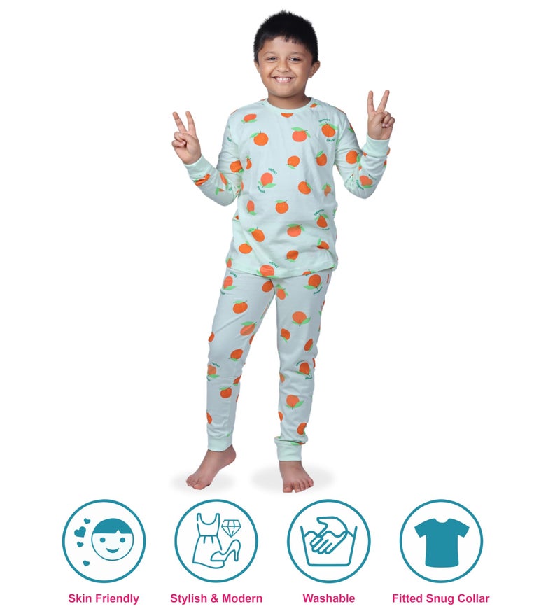 Hestia|H.Nsg.7|Kids Night Suit|Sleepwear|Night Dress Cotton|Trouser Full Sleeve Pajama Set Tshirt|Elastic Waist|Bottom Pyjama Tshirts For Boys|All Over Orange Printed|Green|2-4Yrs|Set 1,2 -4 Years - Image 2