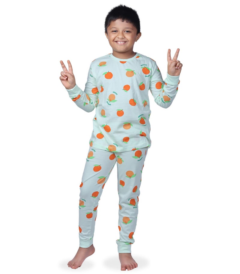 Hestia|H.Nsg.7|Kids Night Suit|Sleepwear|Night Dress Cotton|Trouser Full Sleeve Pajama Set Tshirt|Elastic Waist|Bottom Pyjama Tshirts For Boys|All Over Orange Printed|Green|2-4Yrs|Set 1,2 -4 Years - Image 1
