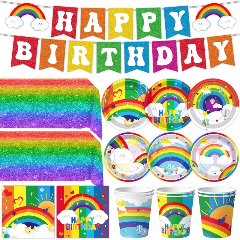 DMIGHT Rainbow Birthday Party Supplies Rainbow Theme Party Decorations for Boy, Include Tablecloth Banner Plate Napkin Cups - Image 1