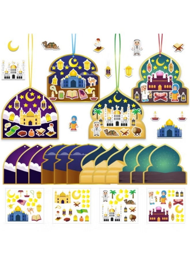 36pcs Eid Mubarak Craft Kits Kids Mosque Scene Stickers, 12 Cards + 12 Stickers +12 Colored Ropes Muslim Eid Ramadan Sticker Bulk Gift Hanging Ornament, Eid Al Fitr DIY Sticker Decoration for Party Favor Activities Classroom - Image 1