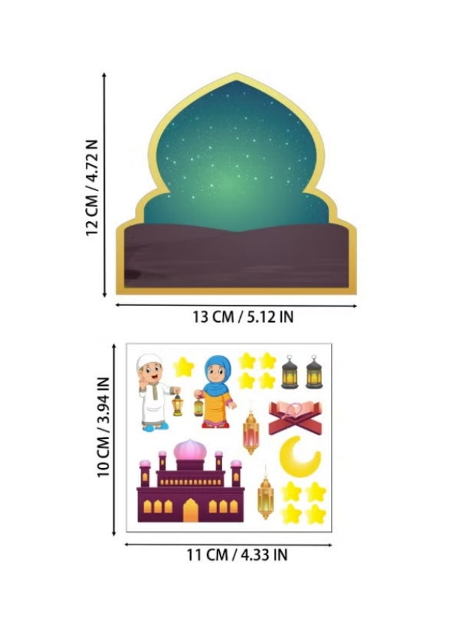 36pcs Eid Mubarak Craft Kits Kids Mosque Scene Stickers, 12 Cards + 12 Stickers +12 Colored Ropes Muslim Eid Ramadan Sticker Bulk Gift Hanging Ornament, Eid Al Fitr DIY Sticker Decoration for Party Favor Activities Classroom - Image 3