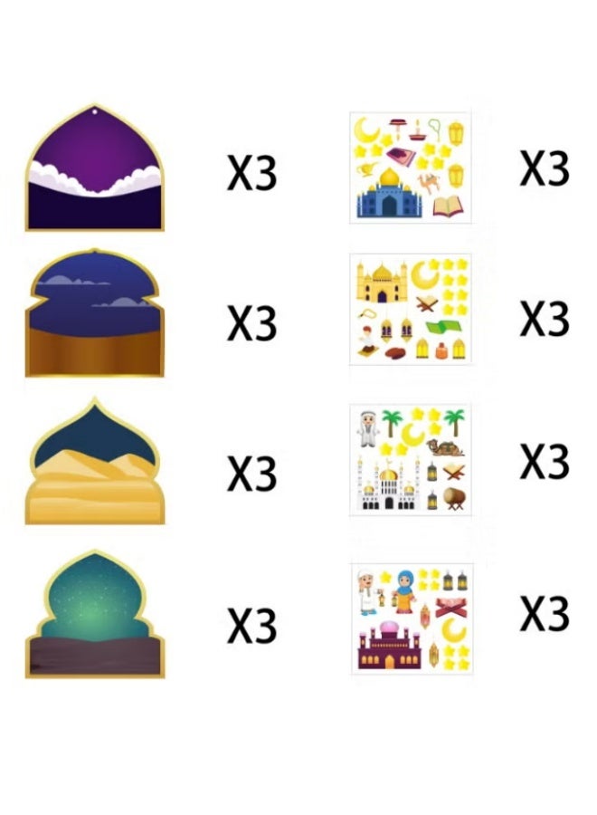 36pcs Eid Mubarak Craft Kits Kids Mosque Scene Stickers, 12 Cards + 12 Stickers +12 Colored Ropes Muslim Eid Ramadan Sticker Bulk Gift Hanging Ornament, Eid Al Fitr DIY Sticker Decoration for Party Favor Activities Classroom - Image 2