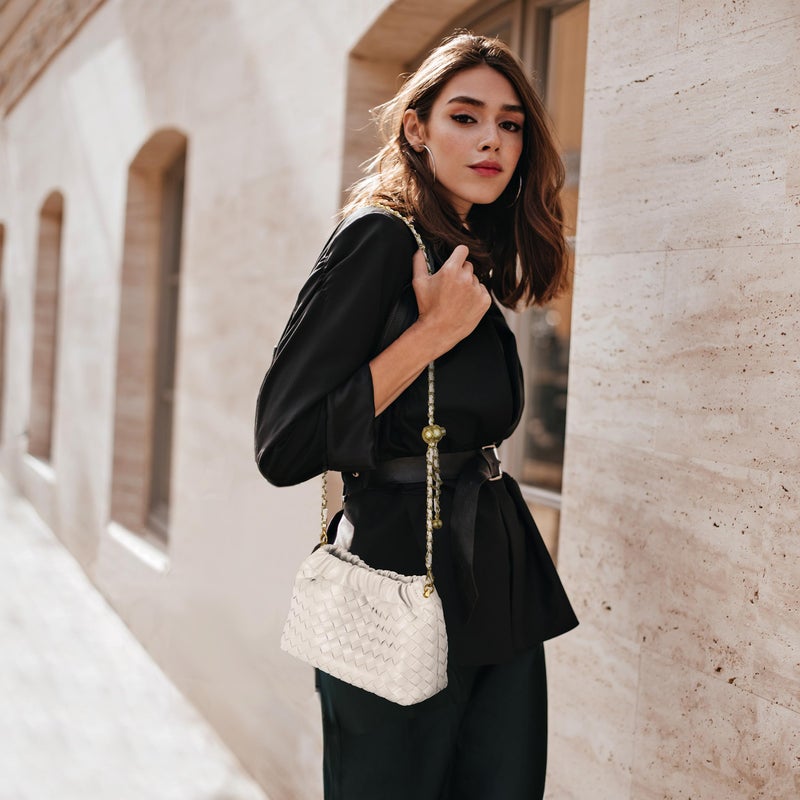 Joryin Woven Women's Crossbody Bag & Evening Purse, Trendy Dumpling Clutch & Hobo Cloud Shoulder Bag Trendy Dumpling Clutch Vegan Leather, Soft Peach - Image 2