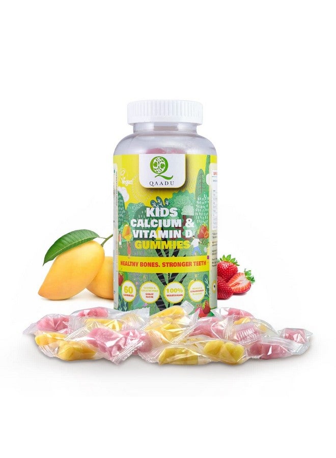 QAADU Kids Calcium & Vitamin D Gummies For Healthy Bones, Stronger Teeth, And Growth, Vegan, Delicious Mango & Strawberry Flavor, 60 Chewable Gummies, Certified Vegan By The Vegan Society Of Uk - Image 1