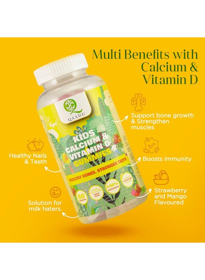 QAADU Kids Calcium & Vitamin D Gummies For Healthy Bones, Stronger Teeth, And Growth, Vegan, Delicious Mango & Strawberry Flavor, 60 Chewable Gummies, Certified Vegan By The Vegan Society Of Uk - Image 3