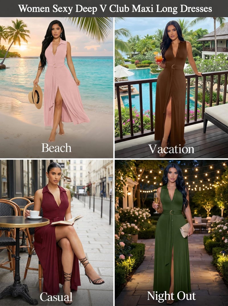 Ekaliy Split Maxi Dress for Women Sleeveless Button Down Collar V Neck Party Cocktail Bodycon Long Dress with Belted Brown - Image 5