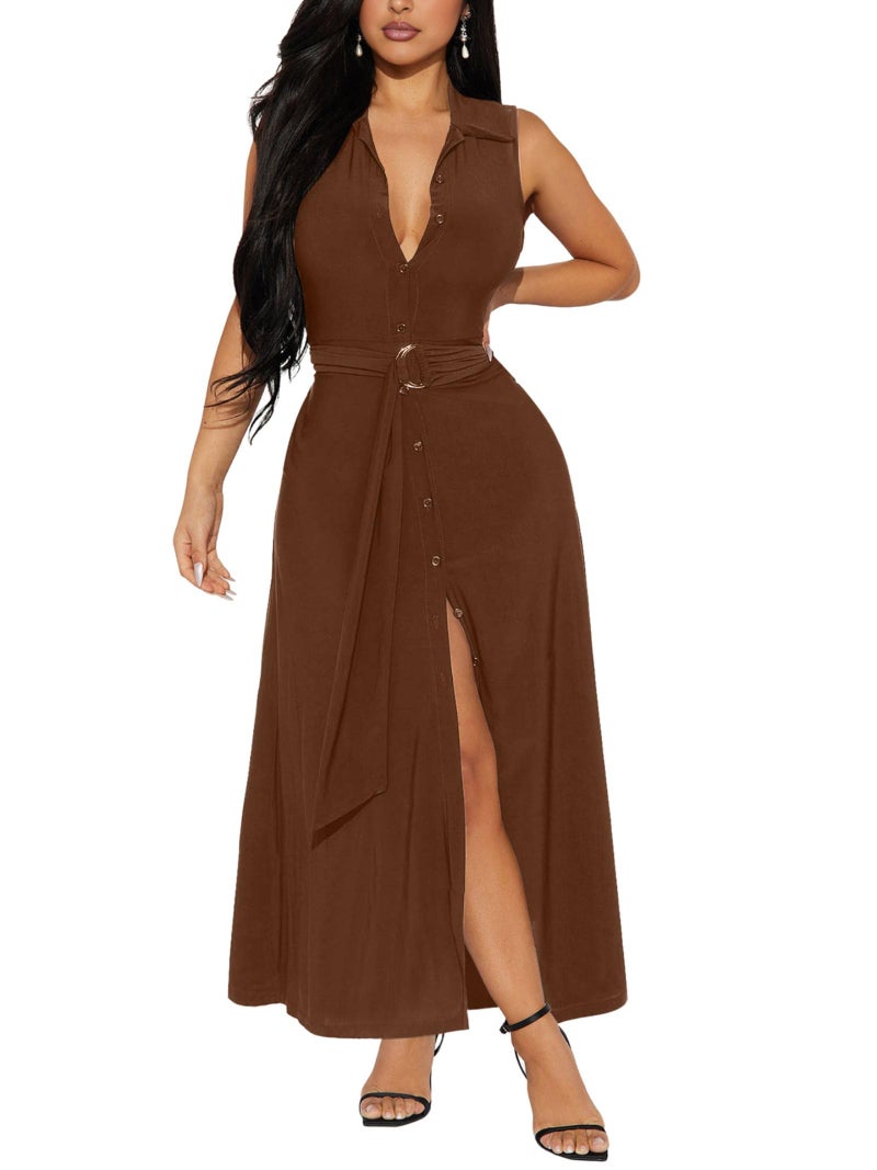 Ekaliy Split Maxi Dress for Women Sleeveless Button Down Collar V Neck Party Cocktail Bodycon Long Dress with Belted Brown - Image 2