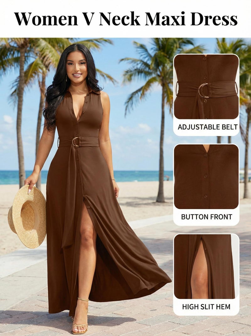 Ekaliy Split Maxi Dress for Women Sleeveless Button Down Collar V Neck Party Cocktail Bodycon Long Dress with Belted Brown - Image 4