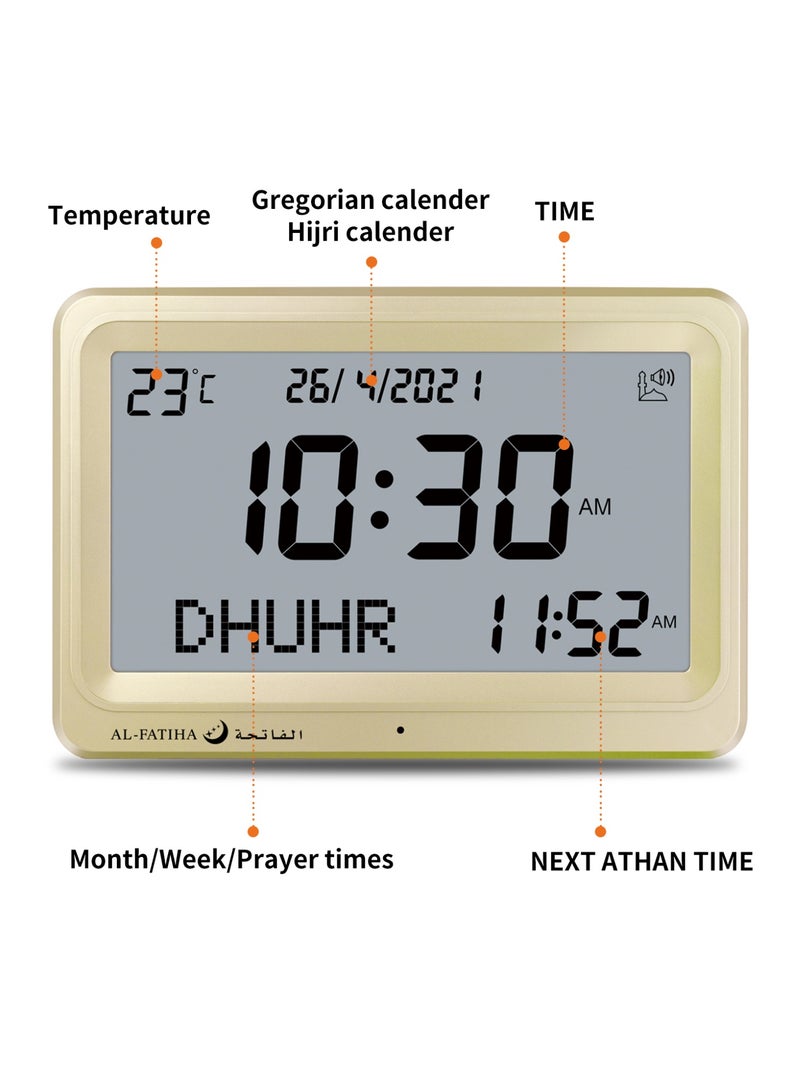 AL-FATIHA Luxury Fajr Azan Clock, Large LCD Screen, 8 Athan Voices, Multi-Language, Hijri & Gregorian Calendar, Prayer Time Desk Alarm – Gold - Image 1