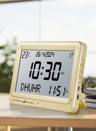 ساعة أذان فاخرة بشاشة LCD كبيرة، 8 أصوات أذان، تقاويم هجري وميلادي، منبه مكتبي للصلاة – ذهبي - view 3