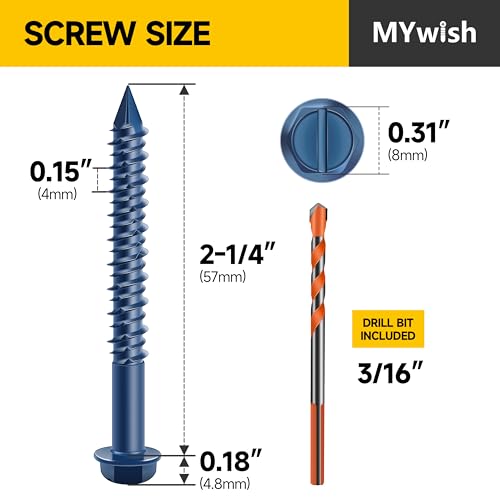 Mywish 30Pcs 1/4 x 2-1/4" Concrete Screws, Slotted Hex Washer Head Masonry Stucco Screws Anchor Kit with 3/16 Drill Bit, Self Tapping for Anchoring to Masonry, Block or Brick Stucco - Image 2