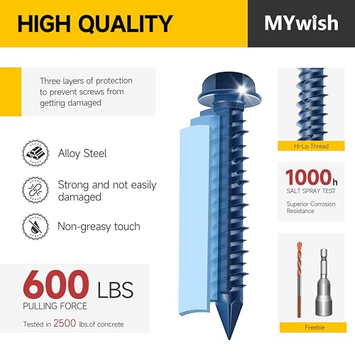 Mywish 30Pcs 1/4 x 2-1/4" Concrete Screws, Slotted Hex Washer Head Masonry Stucco Screws Anchor Kit with 3/16 Drill Bit, Self Tapping for Anchoring to Masonry, Block or Brick Stucco - Image 3