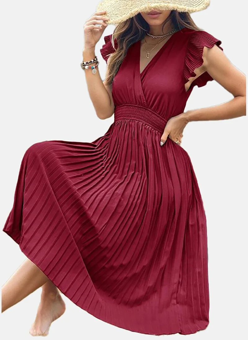 يونيكي Maroon V-Neck Flared Midi Dress