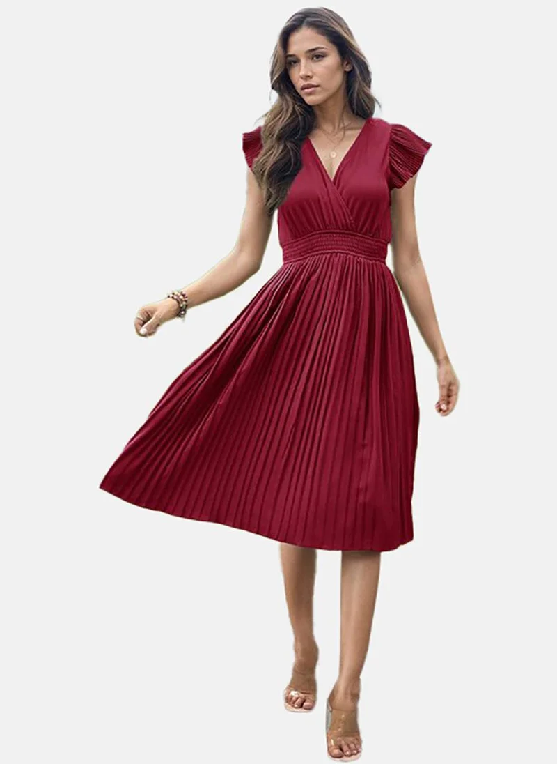 يونيكي Maroon V-Neck Flared Midi Dress