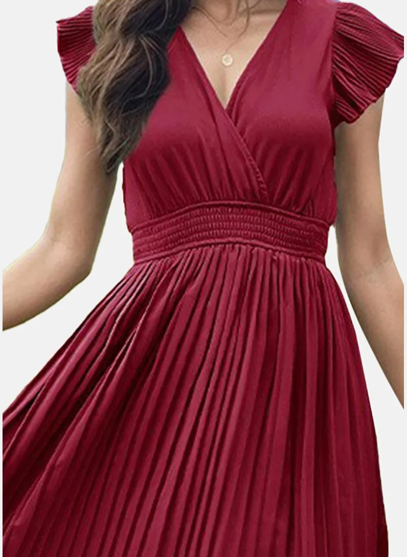 يونيكي Maroon V-Neck Flared Midi Dress