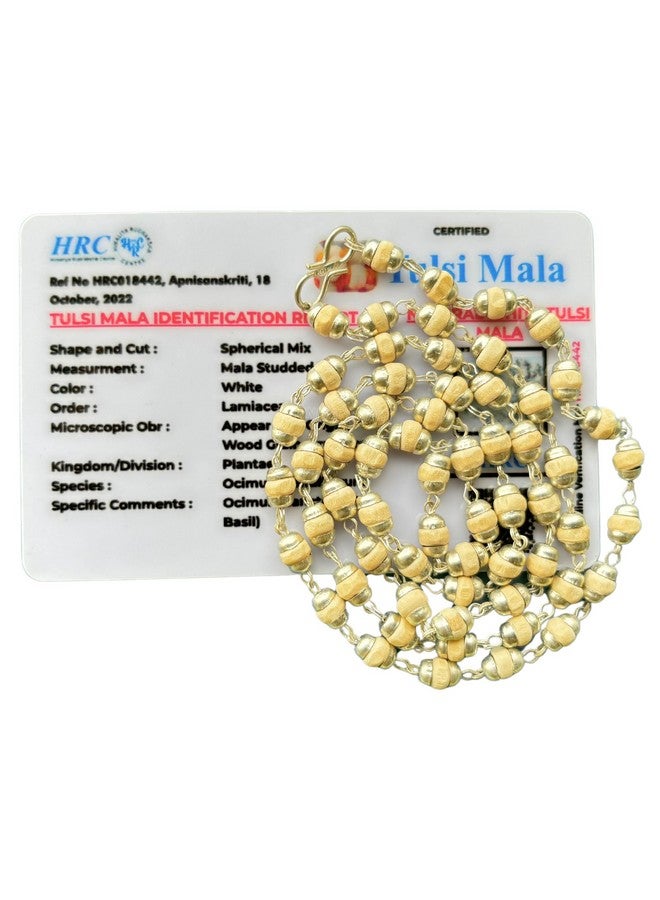 Apnisanskriti White Tulsi Beads Mala in Designer Caps (63 Beads, 3mm Each, Lab Certified) - White Tulsi - Pack of 1 (Silver) - Image 1