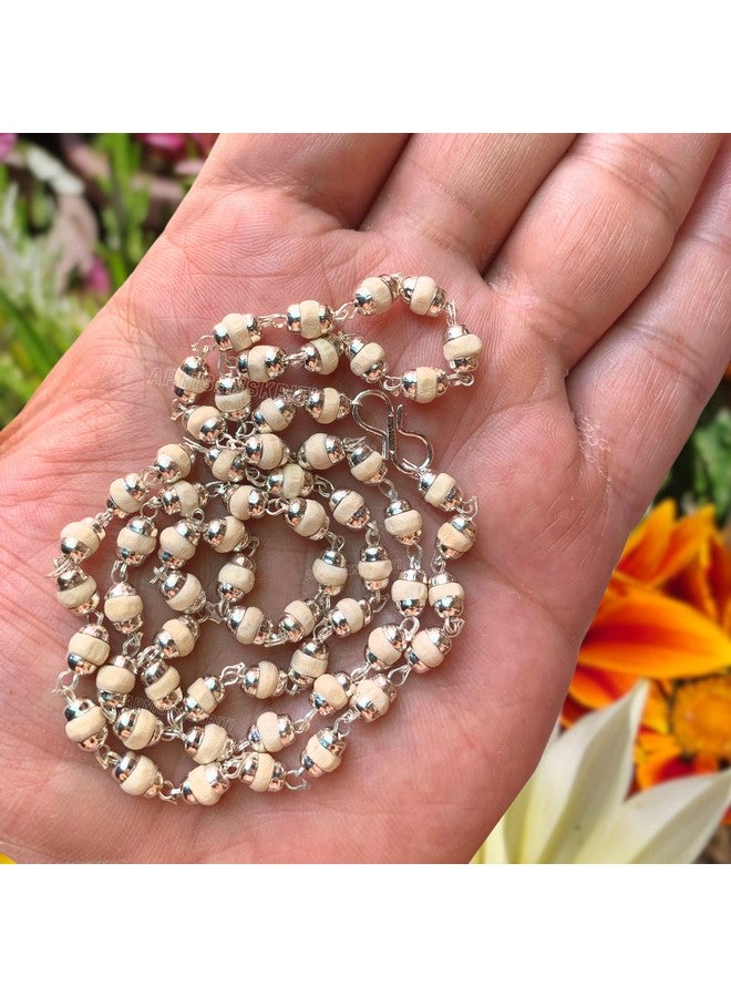 Apnisanskriti White Tulsi Beads Mala in Designer Caps (63 Beads, 3mm Each, Lab Certified) - White Tulsi - Pack of 1 (Silver) - Image 3