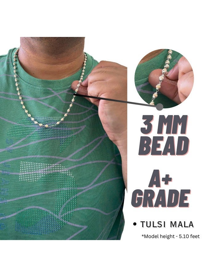 Apnisanskriti White Tulsi Beads Mala in Designer Caps (63 Beads, 3mm Each, Lab Certified) - White Tulsi - Pack of 1 (Silver) - Image 4