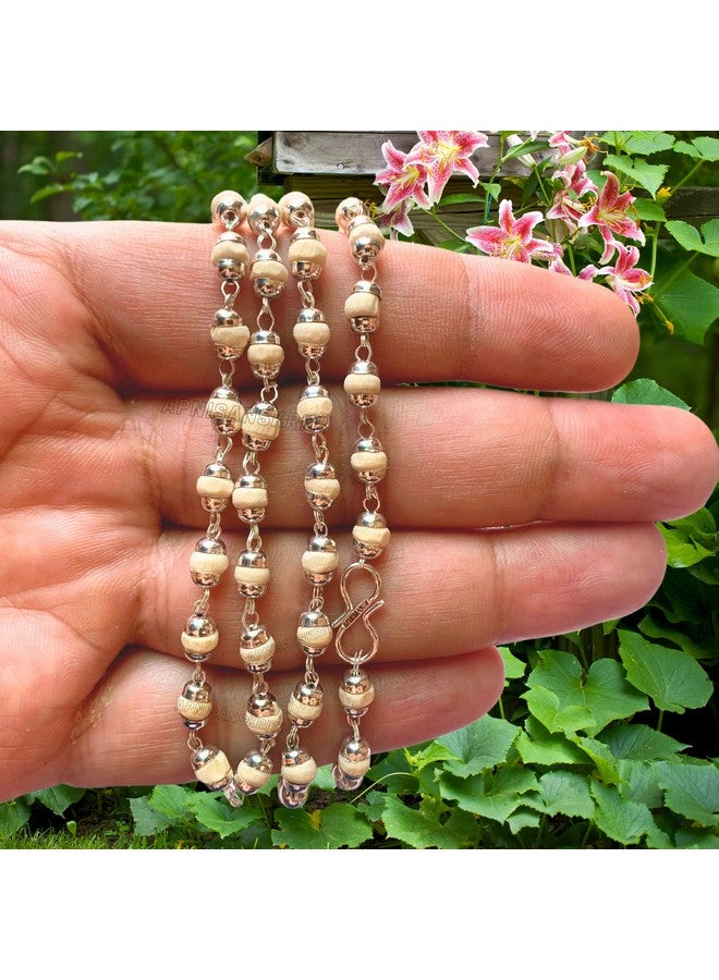 Apnisanskriti White Tulsi Beads Mala in Designer Caps (63 Beads, 3mm Each, Lab Certified) - White Tulsi - Pack of 1 (Silver) - Image 2