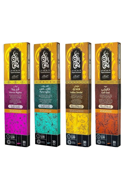 بخور تيجان فائق الجودة يدوم 90 دقيقة (عود خليجي - صندل هندي - اضواء باريس - ليالي فيينا) بمجموع 4 عبوات