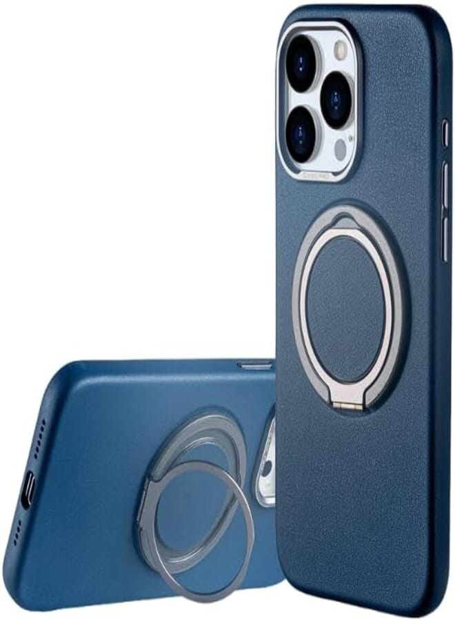 Next Next Store Leather Case - Shockproof Protection Case - Metal Frame Swivel Bracket Pull Case - Supports Wireless Charging Compatible with iPhone 15 Pro Max (Navy)