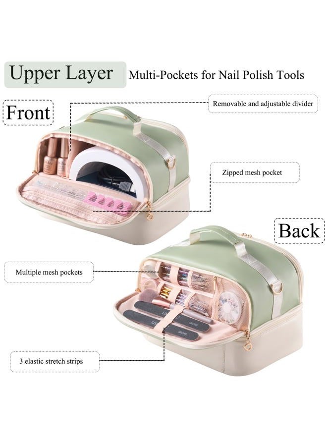 CTWWFS Nail Polish Organizer Holds 35 Bottles & Nail Lamp, Nail Organizers and Storage, Double Layer Nail Bag with Handle & Shoulder Strap for Travel, Nail Supplies Organizer for Manicure Kit (Green+Beige) - Image 3