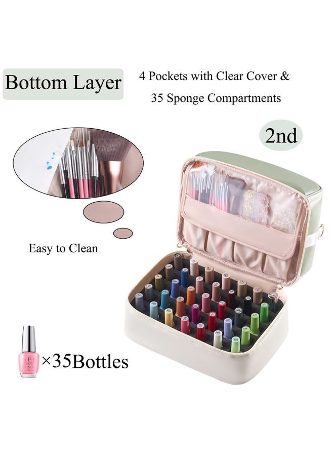 CTWWFS Nail Polish Organizer Holds 35 Bottles & Nail Lamp, Nail Organizers and Storage, Double Layer Nail Bag with Handle & Shoulder Strap for Travel, Nail Supplies Organizer for Manicure Kit (Green+Beige) - Image 4
