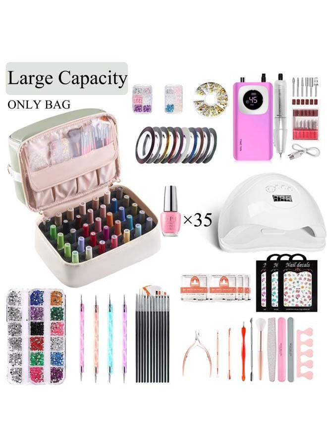 CTWWFS Nail Polish Organizer Holds 35 Bottles & Nail Lamp, Nail Organizers and Storage, Double Layer Nail Bag with Handle & Shoulder Strap for Travel, Nail Supplies Organizer for Manicure Kit (Green+Beige) - Image 2