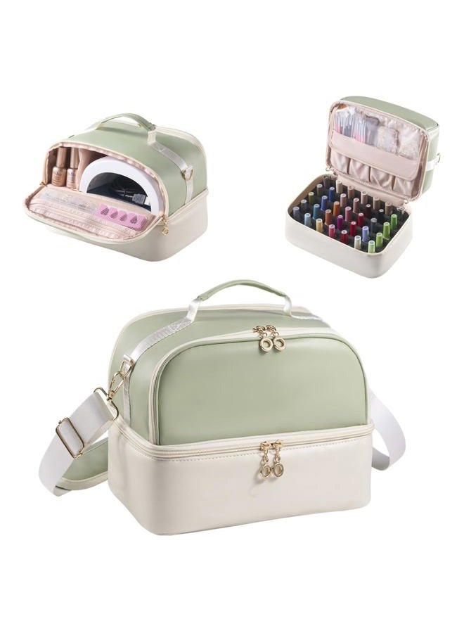 CTWWFS Nail Polish Organizer Holds 35 Bottles & Nail Lamp, Nail Organizers and Storage, Double Layer Nail Bag with Handle & Shoulder Strap for Travel, Nail Supplies Organizer for Manicure Kit (Green+Beige) - Image 1
