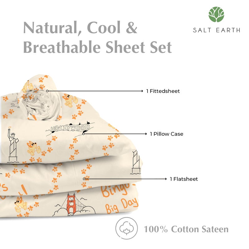 Salt Earth 100% Cotton 210TC Kids Bedsheet  Twin Sheets Set for Toddler Bed  3 Piece Bedding Set Including Flat Sheet  Fitted Sheet  and Pillowcase  Themed Cute Sheets Playful Kids Bed(Bingo's Day) - Image 3