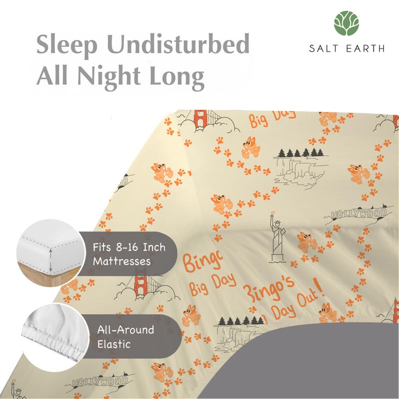 Salt Earth 100% Cotton 210TC Kids Bedsheet  Twin Sheets Set for Toddler Bed  3 Piece Bedding Set Including Flat Sheet  Fitted Sheet  and Pillowcase  Themed Cute Sheets Playful Kids Bed(Bingo's Day) - Image 4