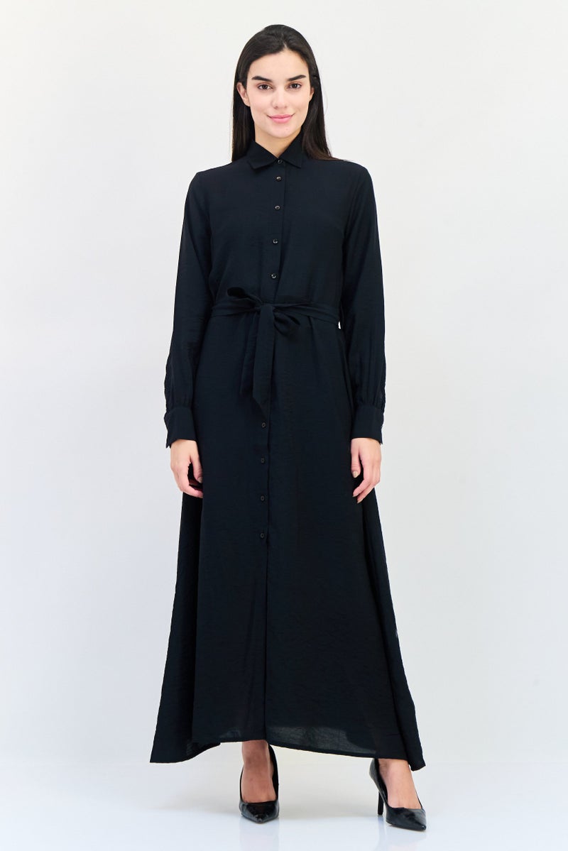 bebe فستان ماكسي بسيط برباط للنساء، أسود - Image 1