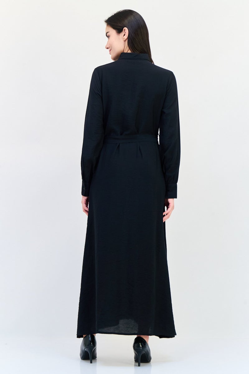 bebe فستان ماكسي بسيط برباط للنساء، أسود - Image 3