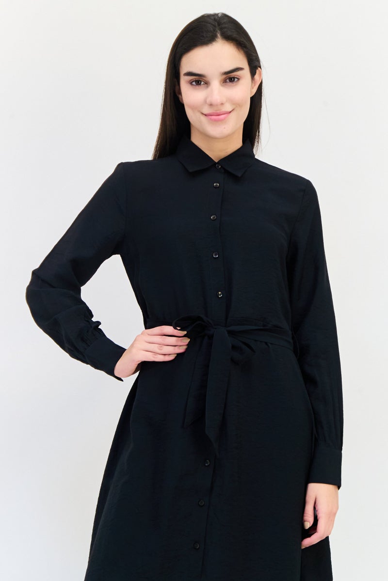 bebe فستان ماكسي بسيط برباط للنساء، أسود - Image 4