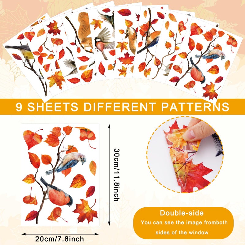 Whaline 9 Sheets Fall Thanksgiving Window Cling Bird Branch Leaves Window Sticker Colorful Double-Sided Window Decal for Autumn Holidays Thanksgiving Harvest School Home Party Decor  7.9 x 11.8 Inch - Image 2